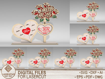 Personalized Mom Heart Rose Bouquet Sign SVG for Glowforge and xTool