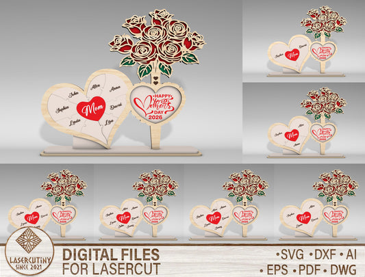 Personalized Mom Heart Rose Bouquet Sign SVG for Glowforge and xTool