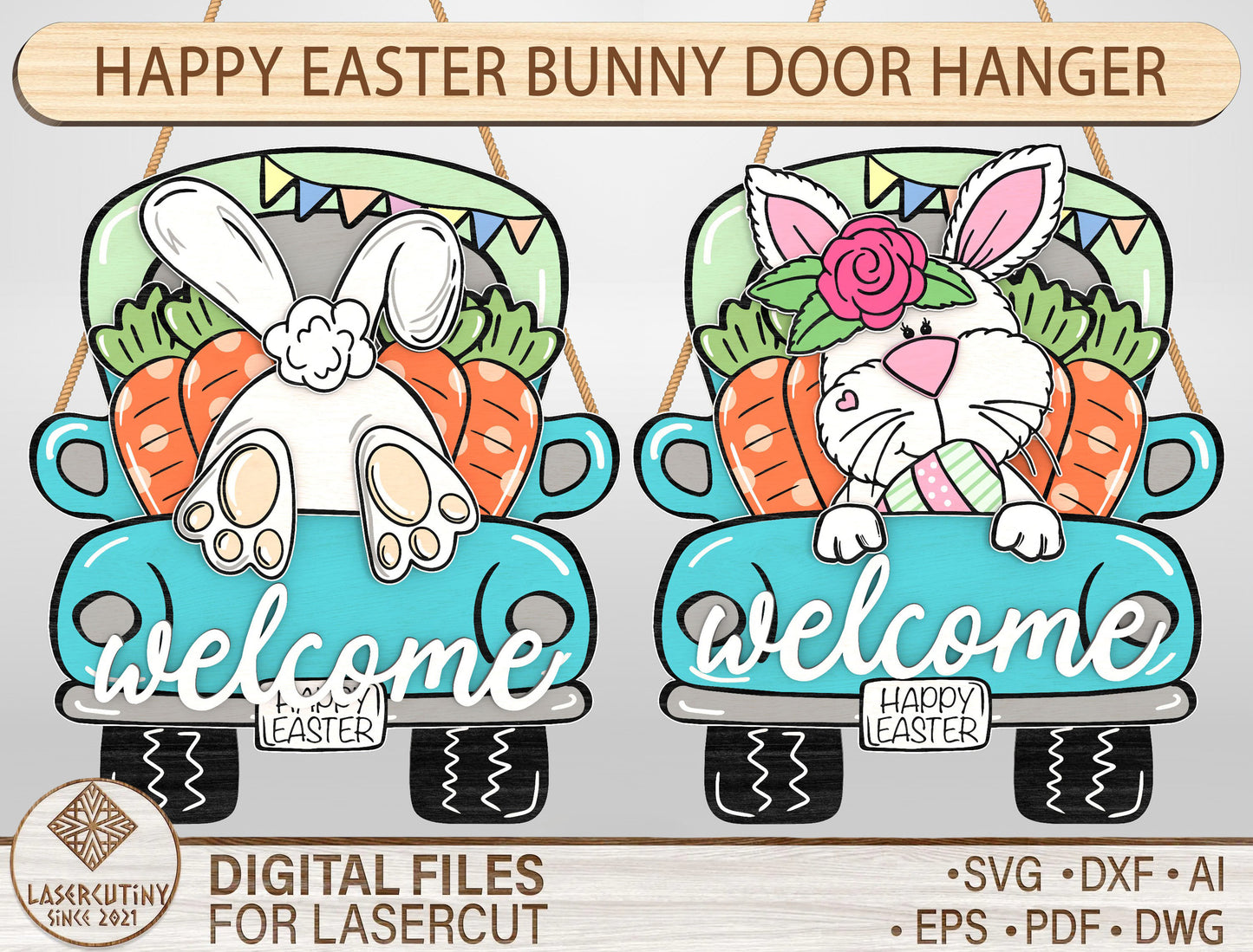 Easter Bunny Truck Door Hanger SVG Bundle Welcome Easter for LightBurn