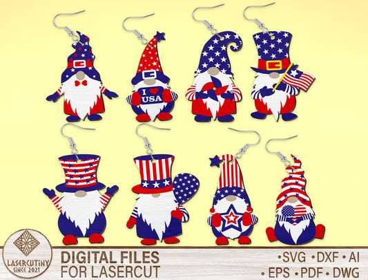 4th of July Gnome Earrings SVG Laser Cut File for Glowforge