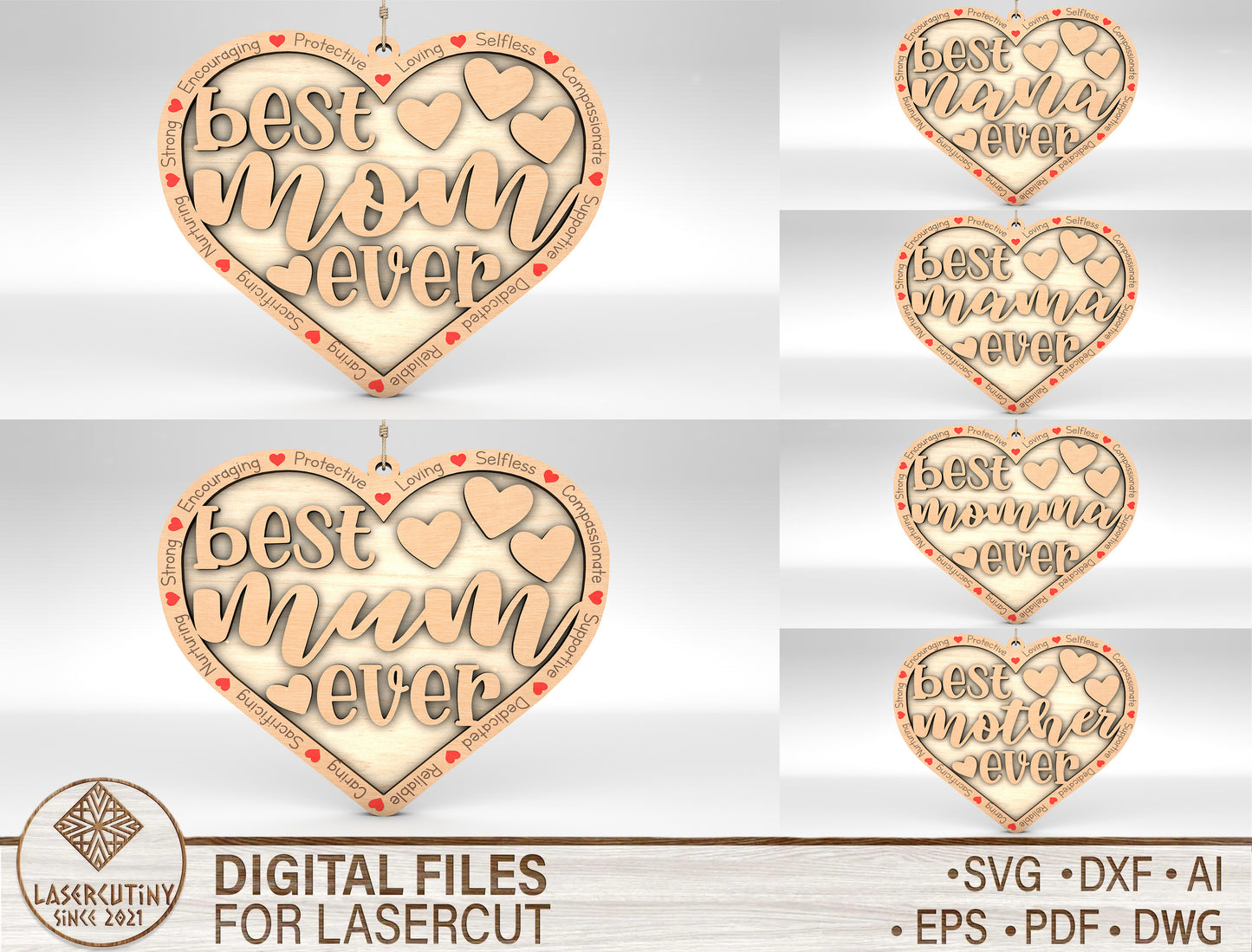 Best Mom Ever Heart Ornament SVG Multiple Titles for LightBurn
