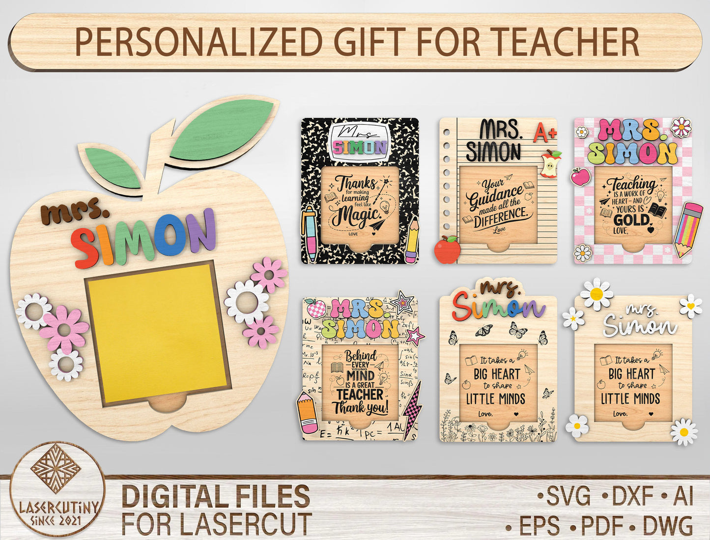 Personalized Apple Sticky Note Holder Bundle SVG for Glowforge and LightBurn