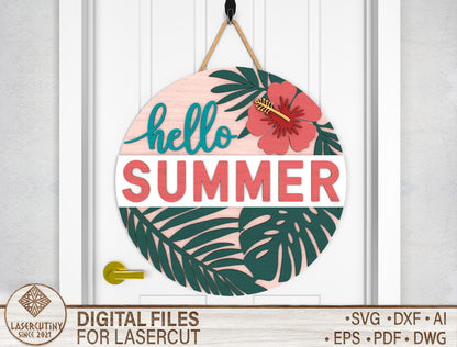 Hello Summer Tropical Door Hanger SVG Laser Cut File for Glowforge and xTool