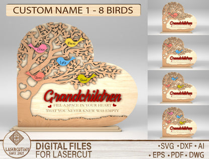Personalized Grandchildren Tree Bird Heart Sign SVG for LightBurn