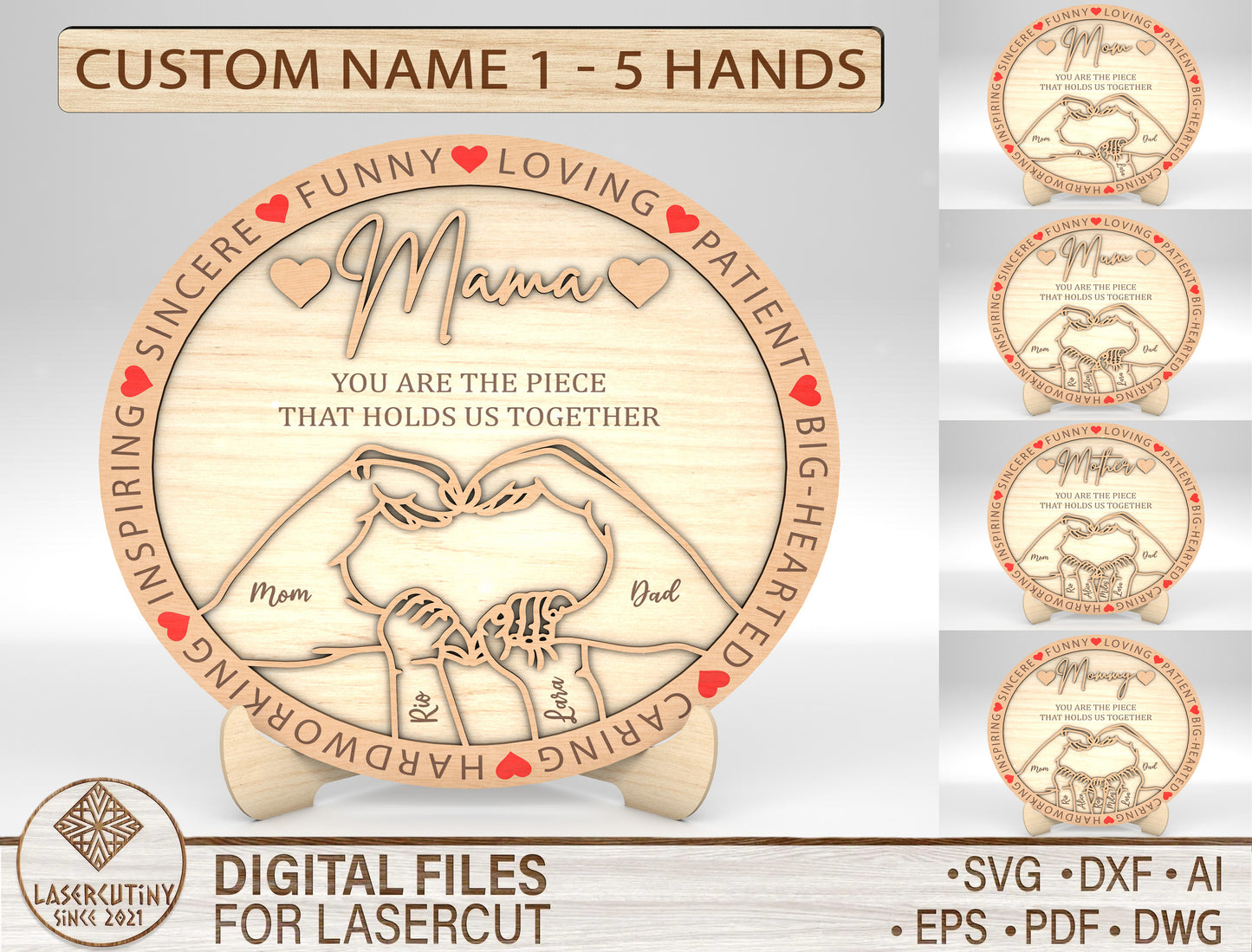 Mommy Mama Mom Family Hands Round Sign SVG for LightBurn and xTool