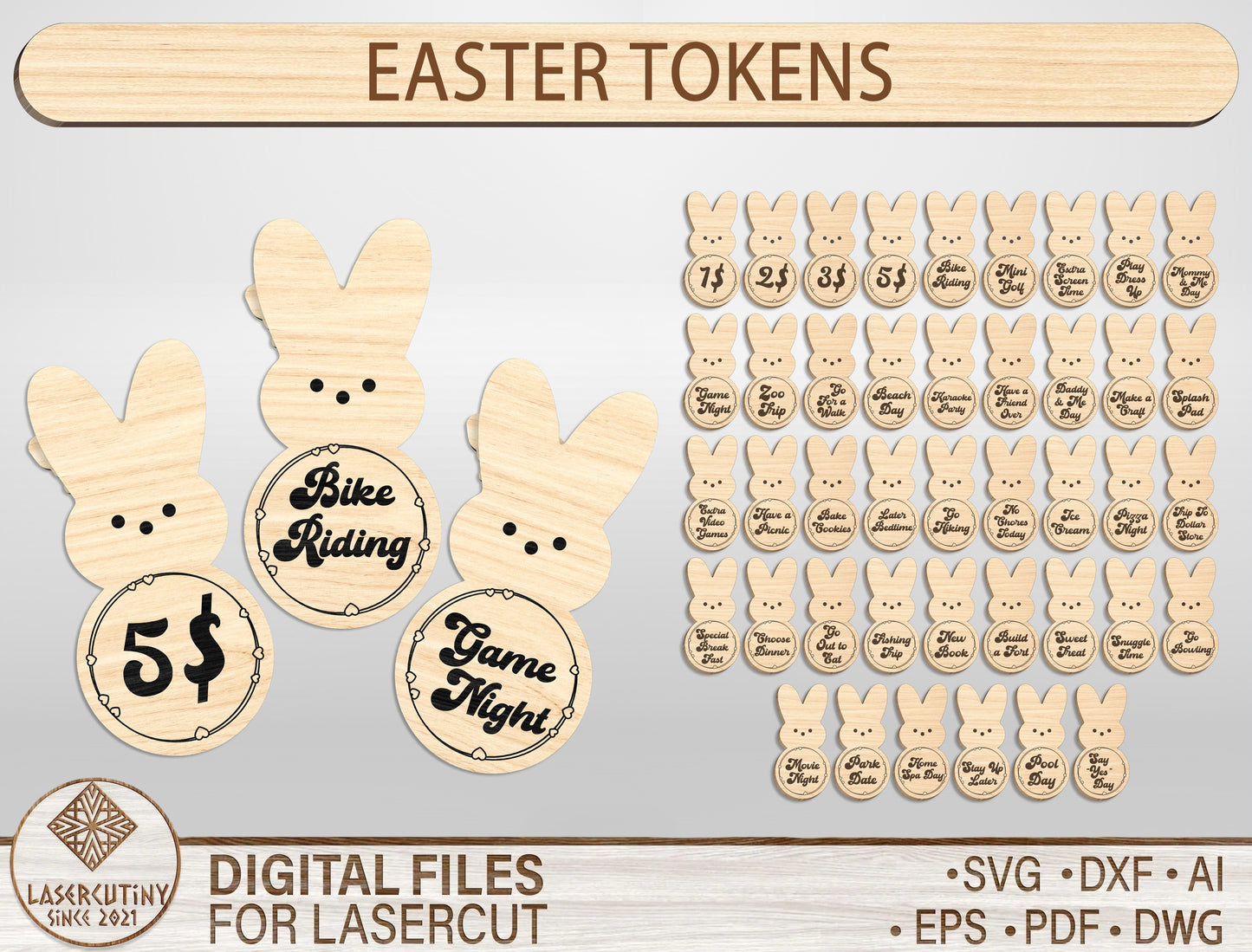 Easter Bunny Tokens SVG Reward Activity Token Set for LightBurn and Glowforge