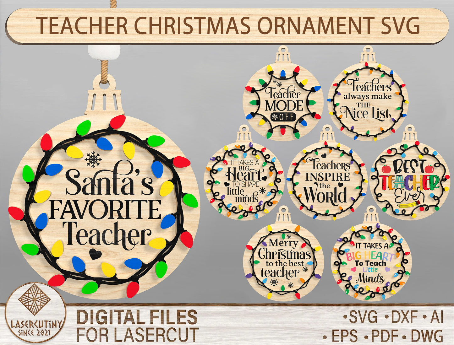Christmas Teacher Ornament SVG Bundle Laser Cut File for Glowforge and xTool