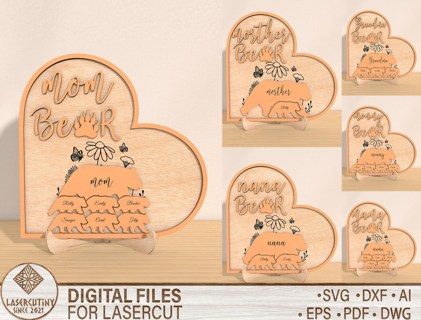Mom Bear Family Personalized Name Sign SVG for LightBurn and xTool