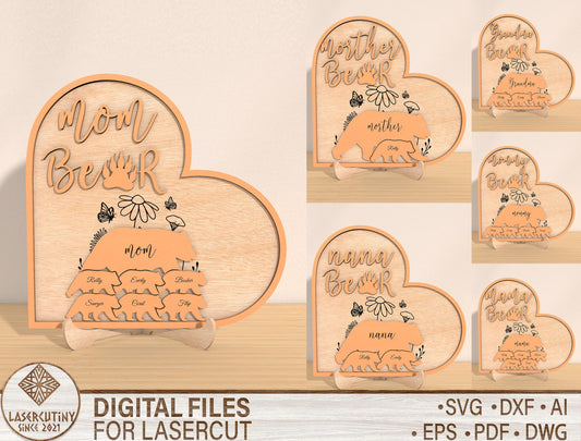 Mom Bear Family Laser Cut File | Personalized Mother’s Day Decor | Bear Cub Name Sign | Glowforge, xTool, LightBurn, etc..