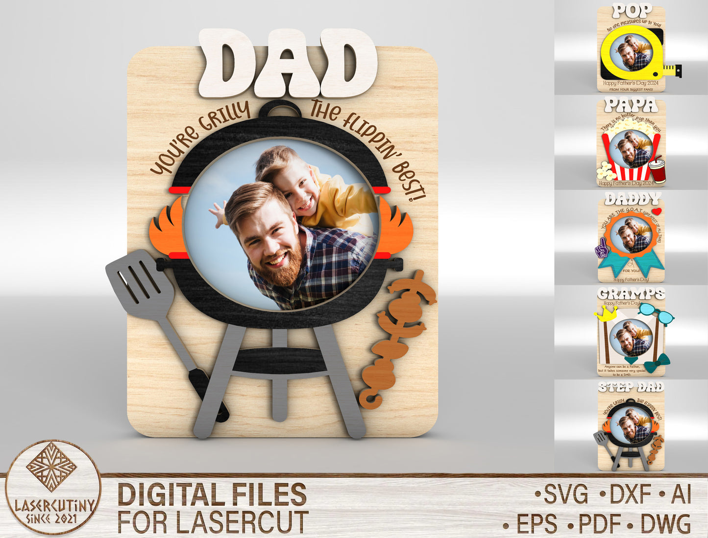 "Grillly The Flippin Best" Dad BBQ Photo Frame SVG Laser Cut File for xTool and LightBurn