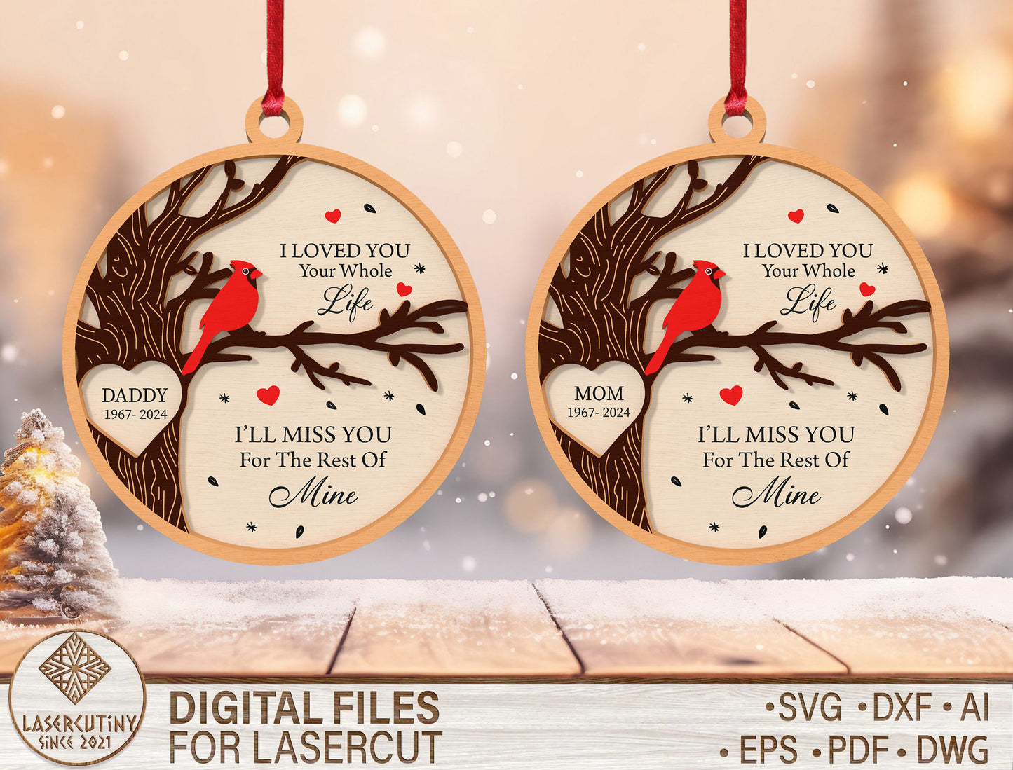 Cardinal Tree Branch Ornament SVG Laser Cut File for Glowforge and xTool