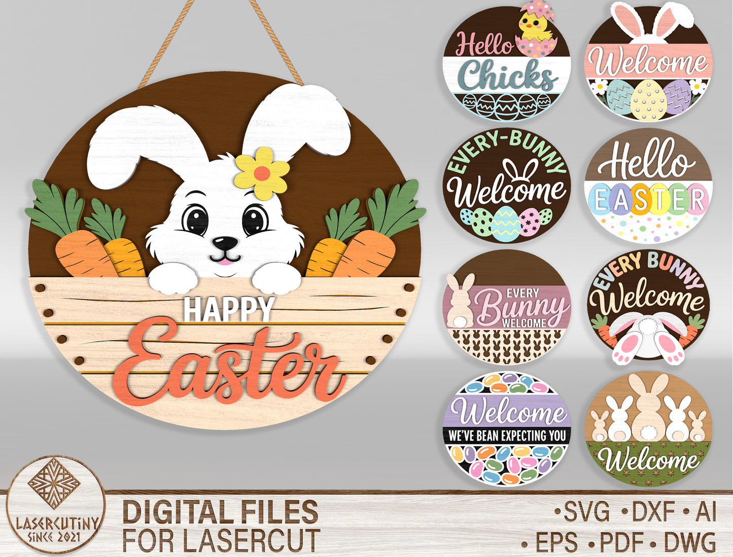 Easter Door Hanger Bundle SVG 9 Spring Welcome Designs for LightBurn and xTool