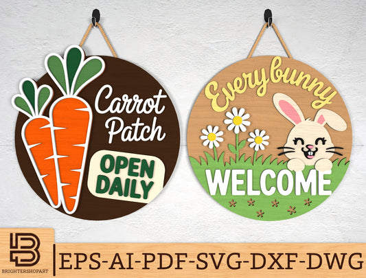 Easter Door Hanger Laser Cut File | Bunny & Carrot Patch Round Sign SVG | Wooden Spring Door Decor | Glowforge, xTool, LightBurn, etc.