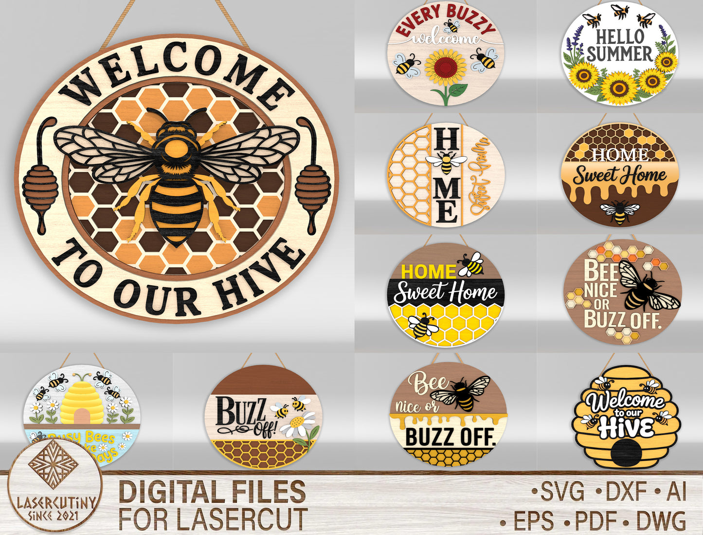 Bee Welcome Door Hanger SVG Bundle for Glowforge and xTool