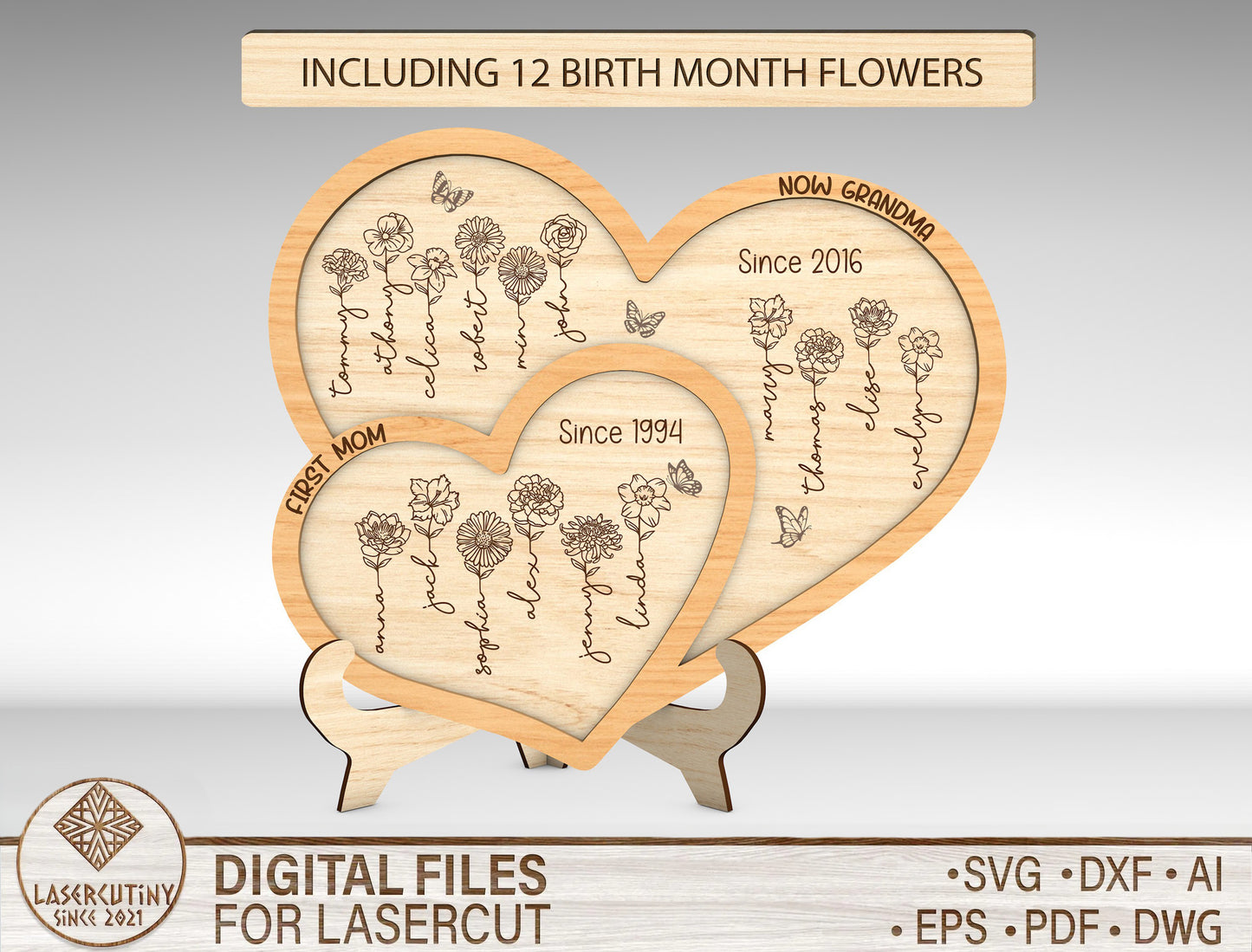 Custom Name Birth Month Flower Heart Sign SVG for Glowforge