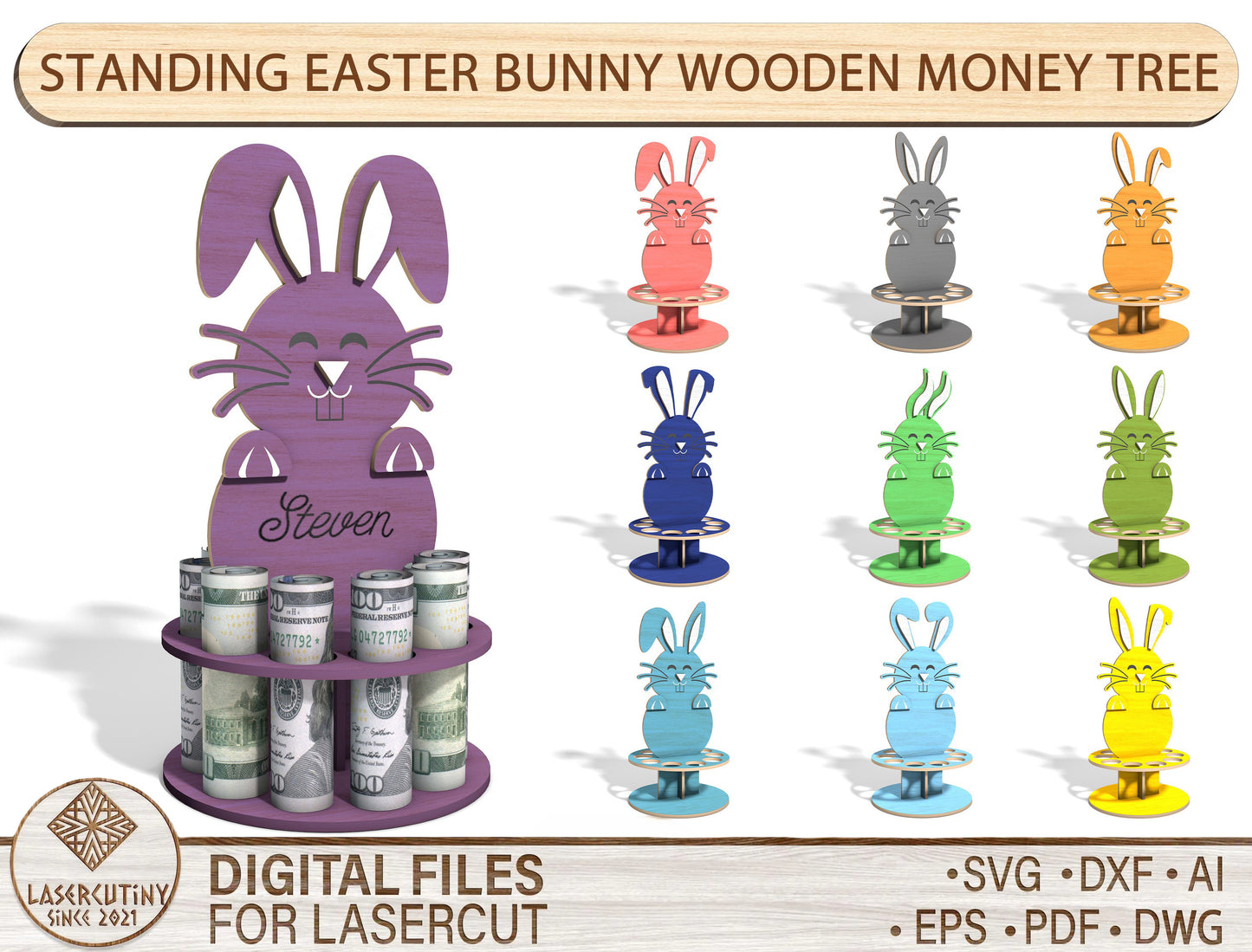 Easter Bunny Money Holder SVG Standing Wooden Money Tree for LightBurn and xTool