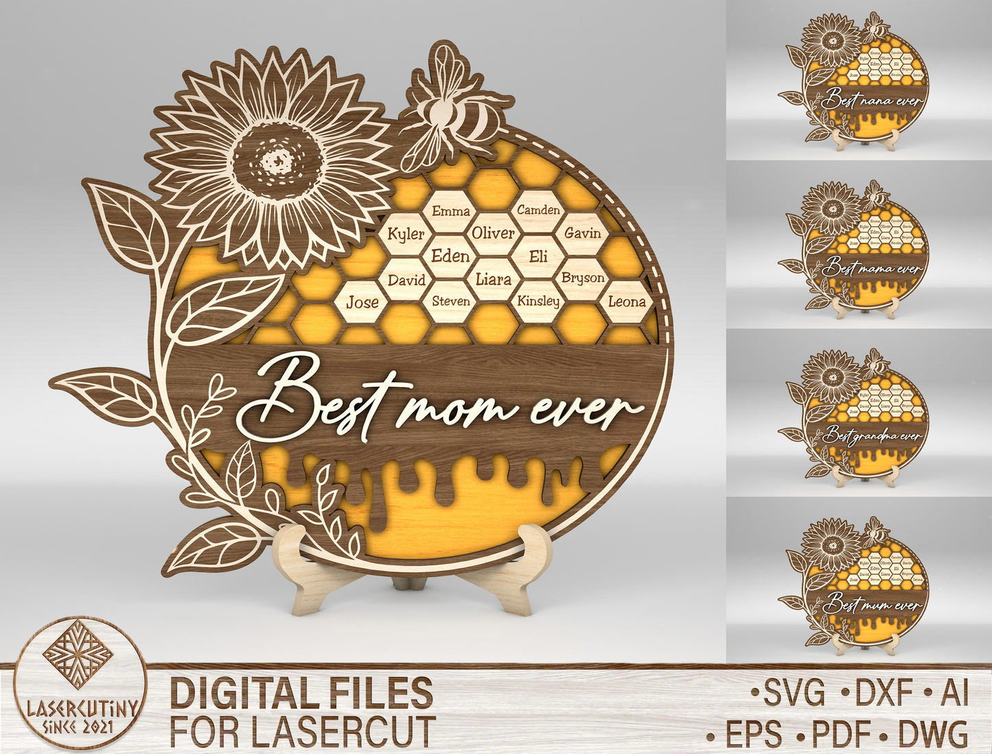 Best Mom Ever Bee Honeycomb Sign SVG for Glowforge and xTool