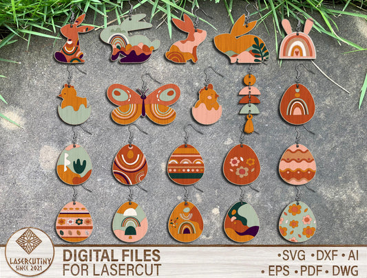 Boho Easter Earrings SVG Bundle 20 Bunny Egg Rainbow for LightBurn and xTool