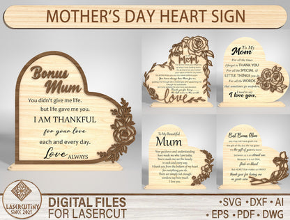 Mother's Day Heart Sign SVG Floral Message Decor for Glowforge