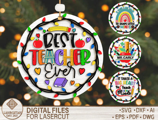 Personalized Teacher Christmas Ornament SVG Laser Cut File for Glowforge and LightBurn