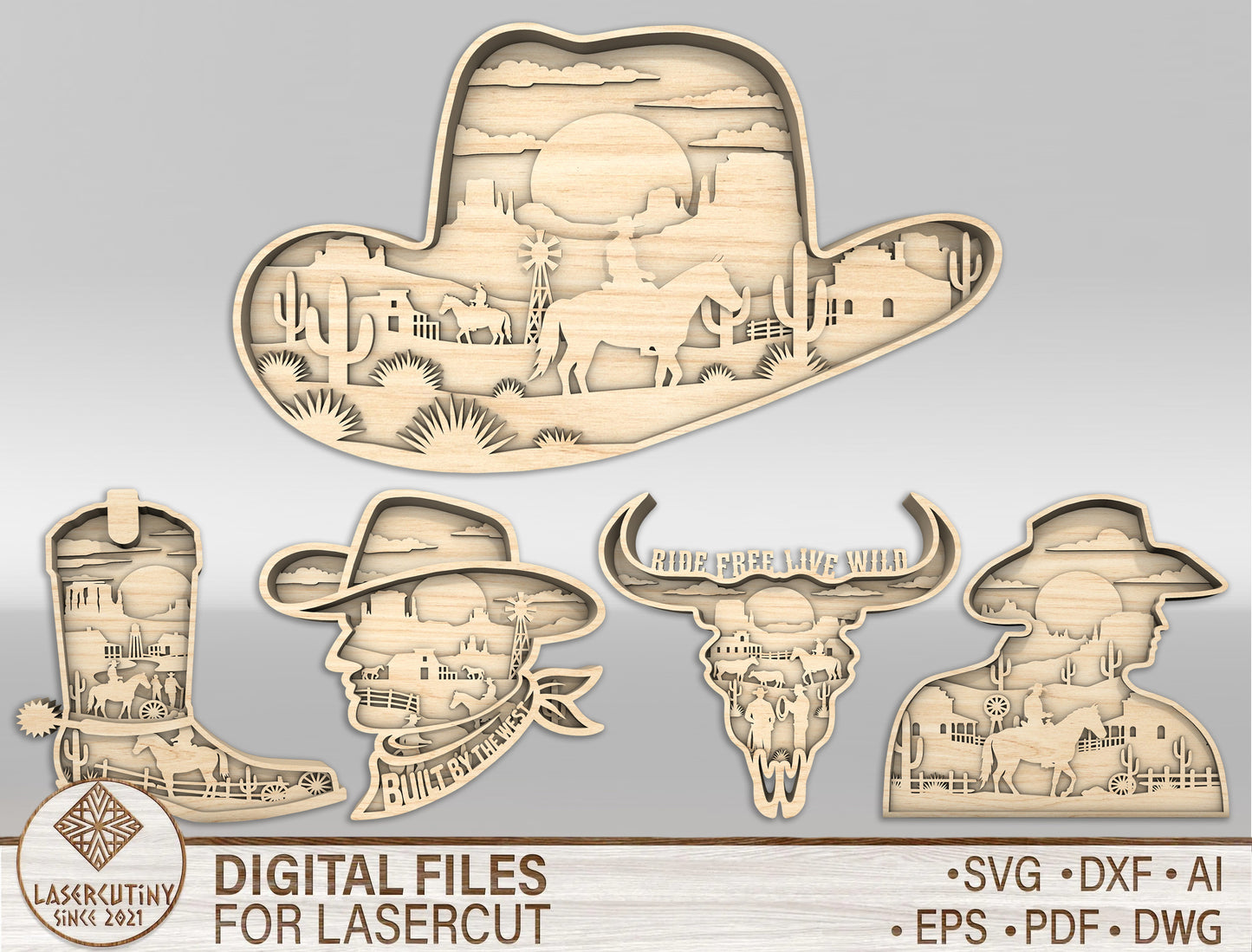 Western Cowboy Multilayer SVG Laser Cut File Bundle for Glowforge