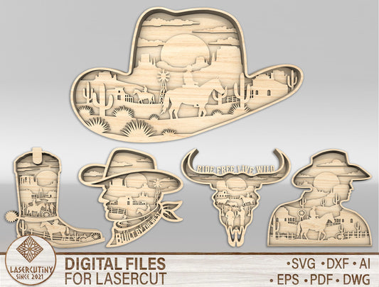 Western Cowboy Multilayer SVG Laser Cut File Bundle for Glowforge