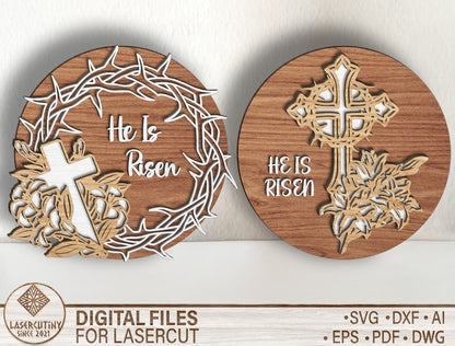 He Is Risen Door Hanger SVG Christian Easter Cross for Glowforge and xTool
