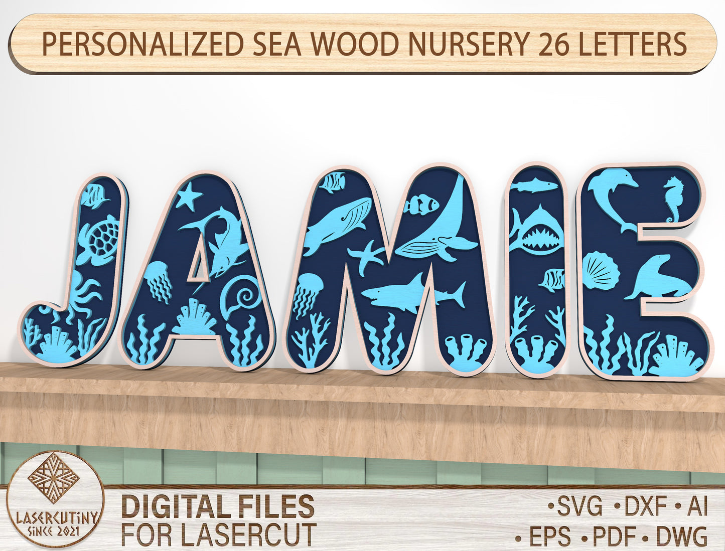 Personalized Ocean Alphabet Nursery SVG for Glowforge and xTool