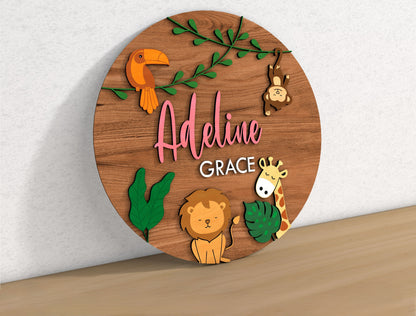 Personalized Baby Name Round Sign | Safari Nursery Name Sign SVG | Wooden Kids Room Decor Laser Cut File