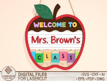 Personalized Apple Classroom Door Sign SVG Laser Cut File for Glowforge