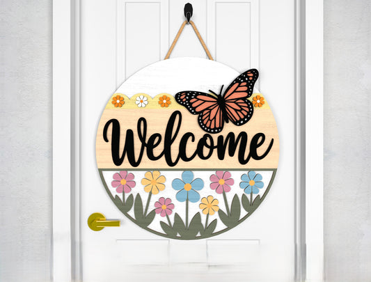 Butterfly Flower Welcome Door Sign SVG for Glowforge
