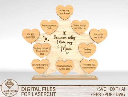 10 Reasons I Love My Mom Star Heart Sign SVG Laser Cut File for Glowforge and LightBurn