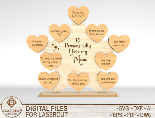 10 Reasons I Love My Mom Star Heart Sign SVG Laser Cut File for Glowforge and LightBurn
