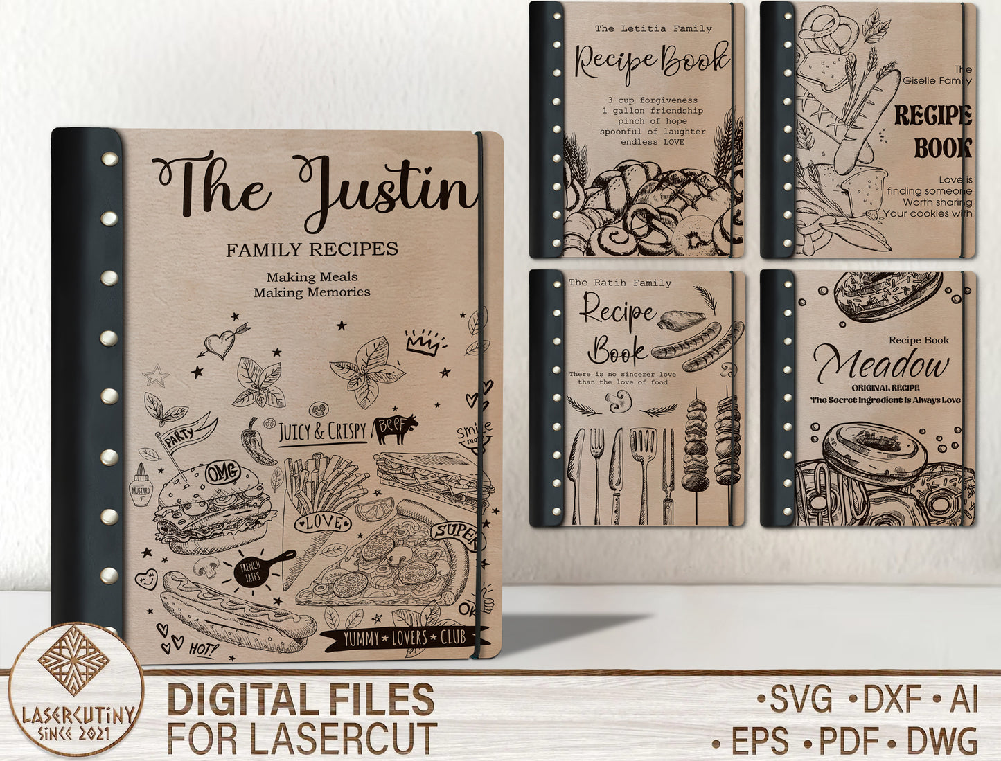 Family Recipe Book SVG Bundle Wooden Cookbook Cover for Glowforge