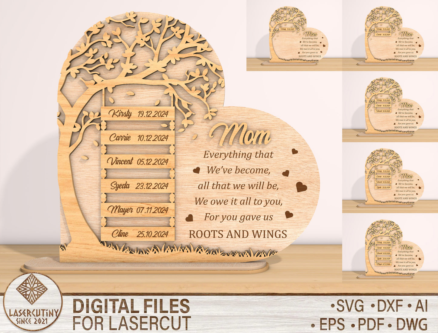 Mom Roots and Wings Tree Sign SVG Bundle for Glowforge and xTool