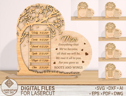 Mom Roots and Wings Tree Sign SVG Bundle for Glowforge and xTool