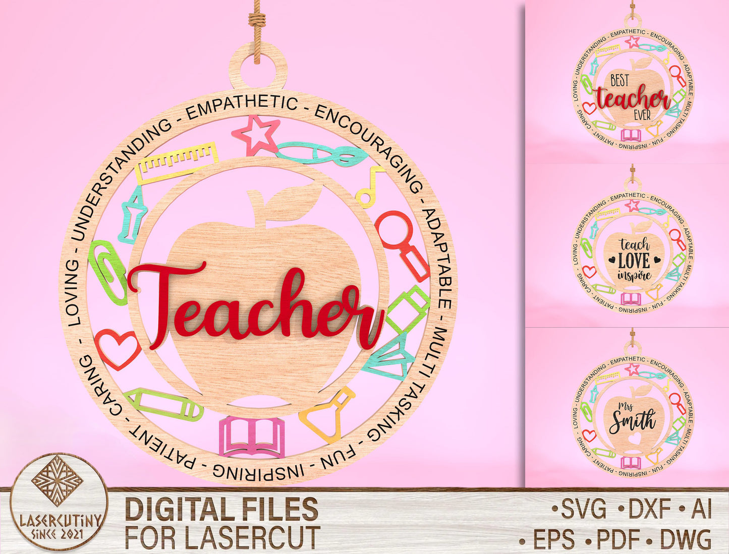 Teacher Ornament SVG Apple Classroom Laser Cut File for Glowforge and LightBurn