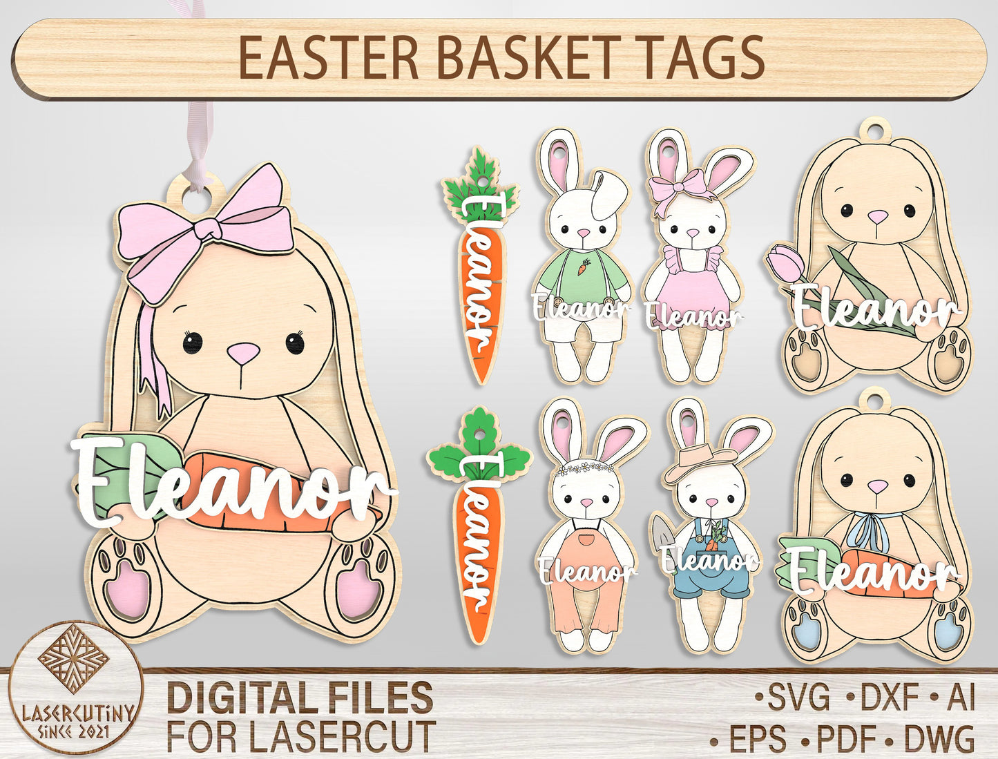 Personalized Easter Basket Tags SVG Bunny Carrot Name 9 Designs for Glowforge