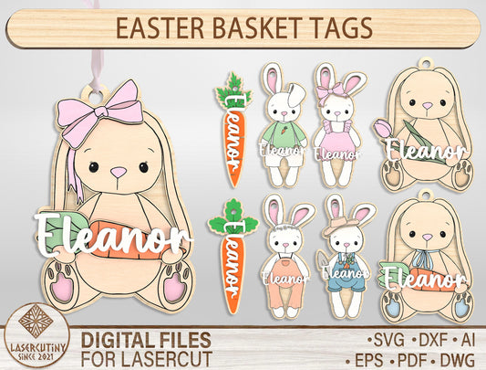 Personalized Easter Basket Tags SVG Bunny Carrot Name 9 Designs for Glowforge