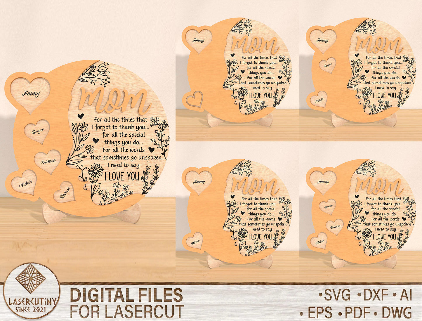 Family Heart Plaque SVG Bundle Mom Quote Name Hearts for Glowforge