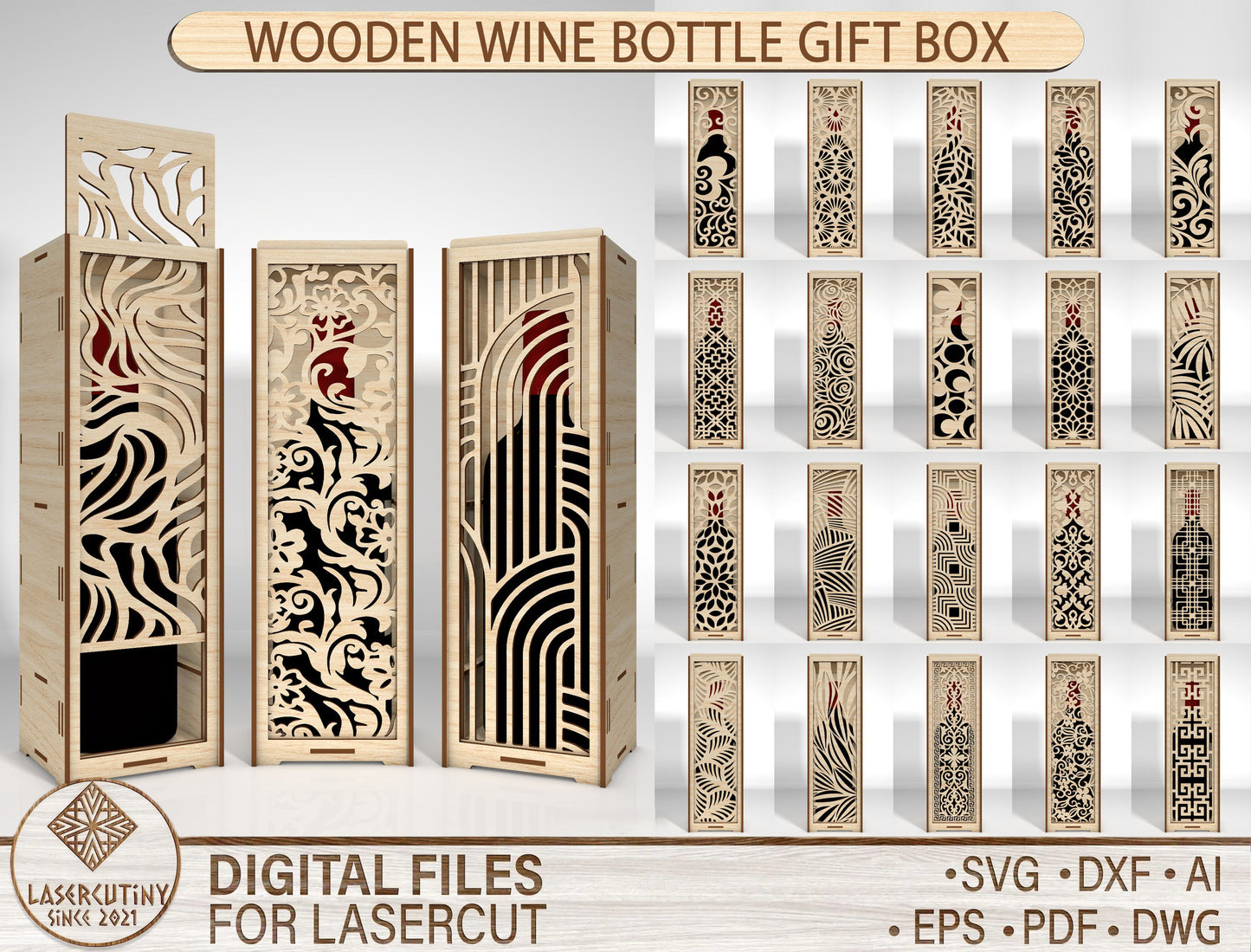 Wine Bottle Box Bundle SVG Laser Cut File for LightBurn and Glowforge