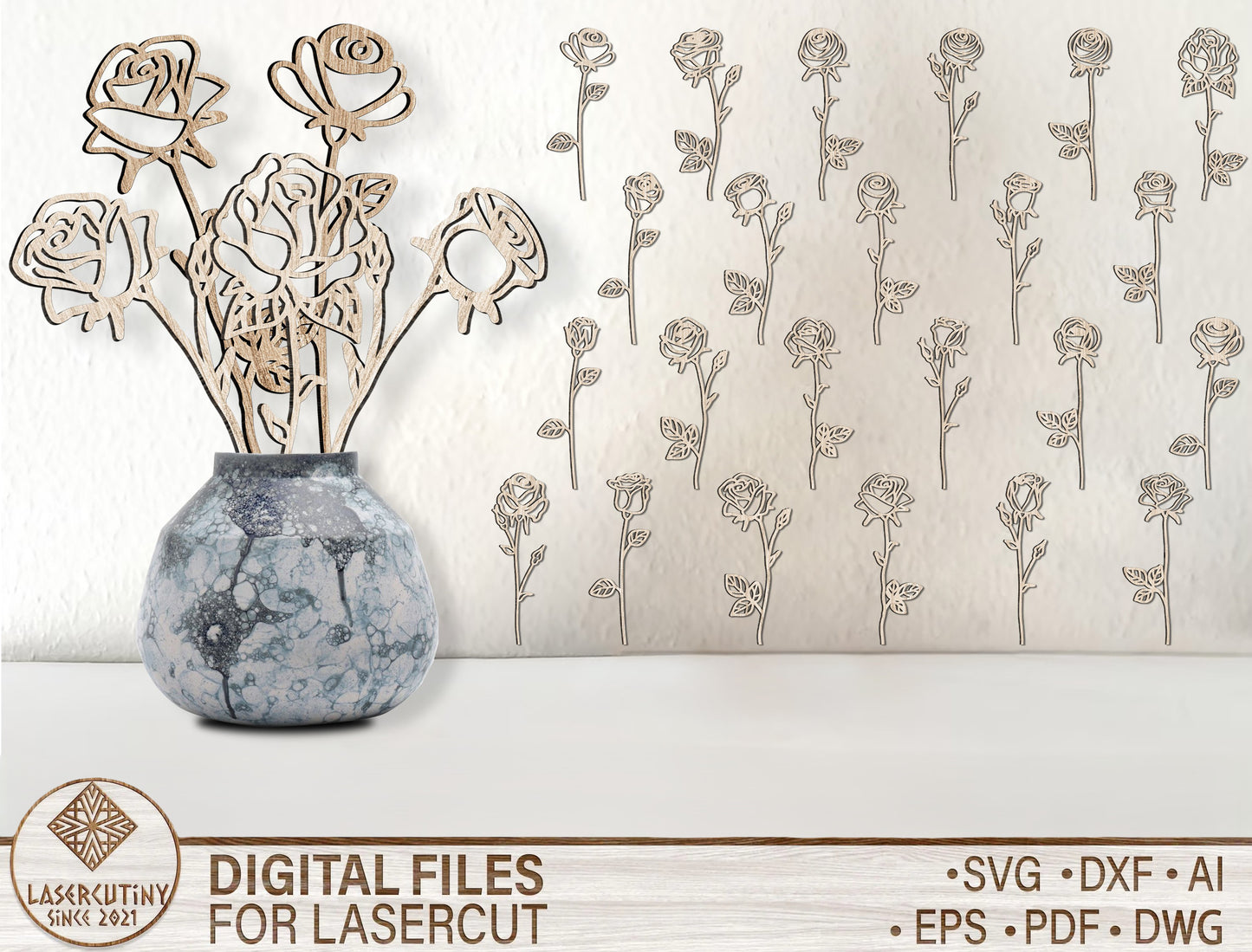 Rose Flower Elegant Stem Outline SVG Laser Cut File for xTool