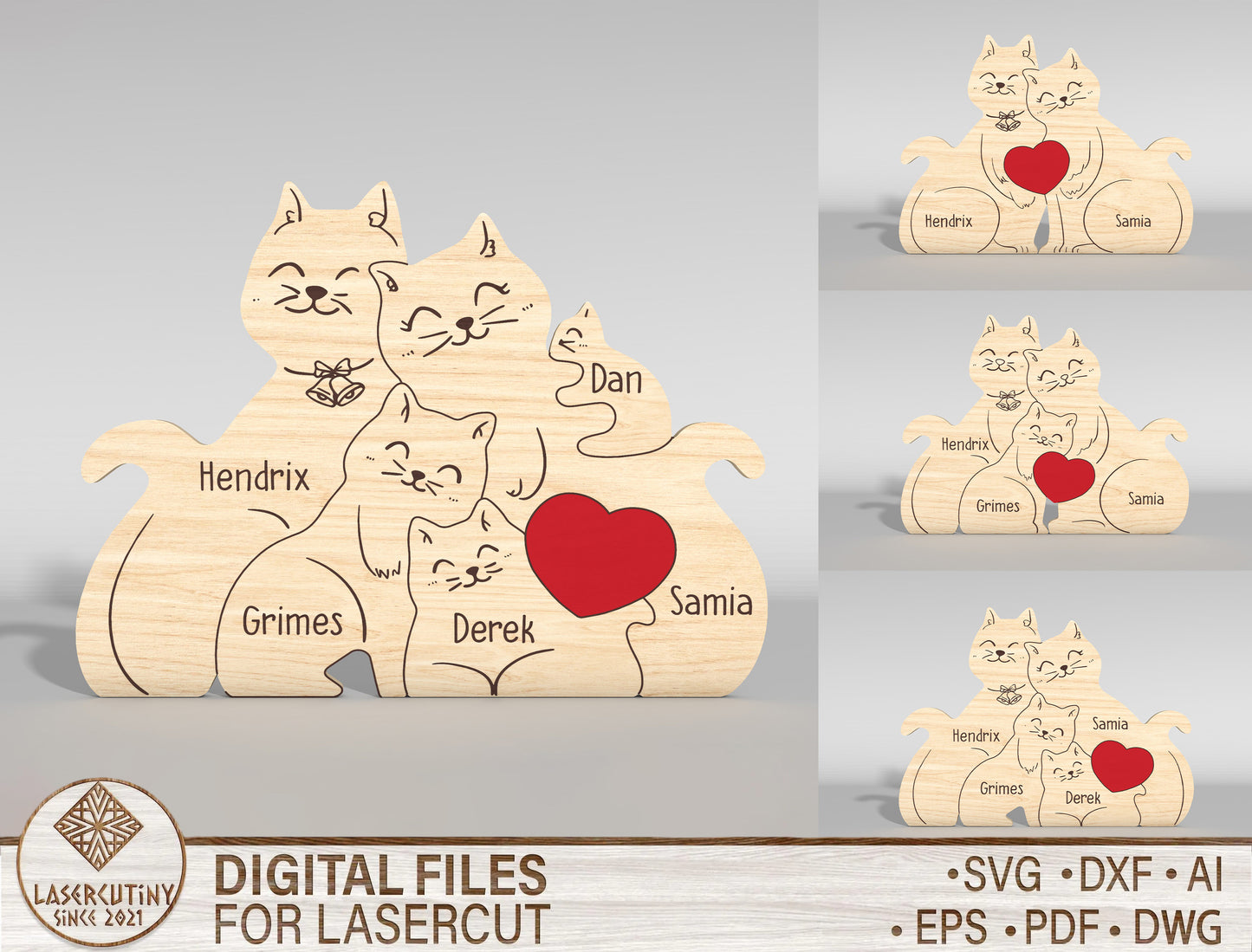 Cat Family Wooden Puzzle Sign SVG for Glowforge and LightBurn