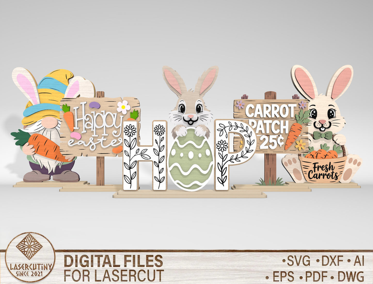 Easter Bunny Gnome Carrot Patch Shelf Sitter SVG Bundle for Glowforge and xTool