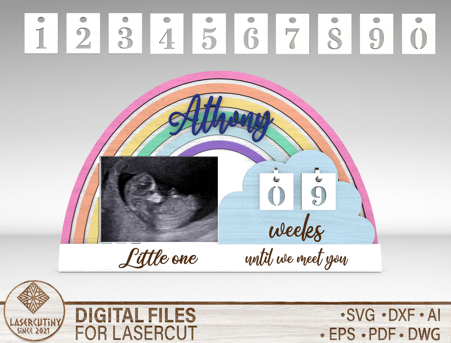 Personalized Rainbow Pregnancy Countdown SVG Laser Cut File for Glowforge and xTool