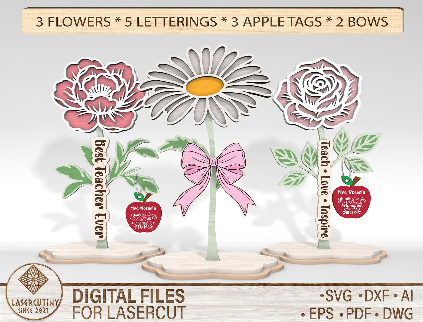 Personalized Peony Daisy Rose SVG Laser Cut File for Glowforge and LightBurn