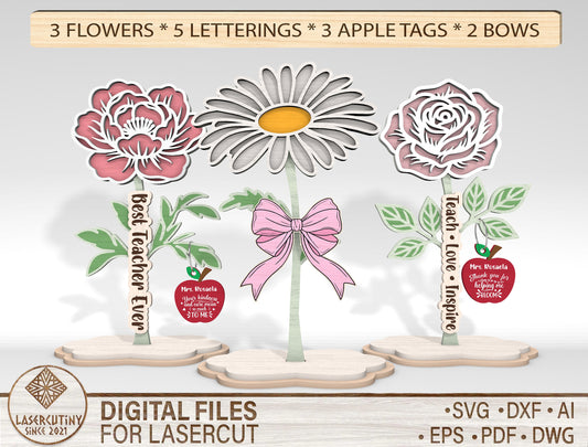 Personalized Peony Daisy Rose SVG Laser Cut File for Glowforge and LightBurn