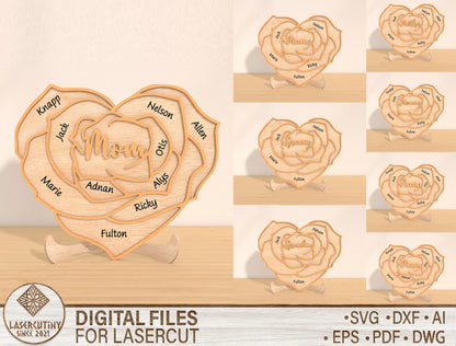 Rose Heart Family Name Sign SVG Bundle for Glowforge and xTool