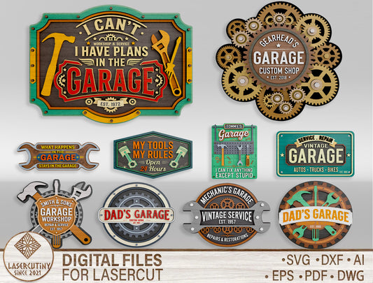 Garage Sign Bundle SVG Laser Cut File for Glowforge and LightBurn