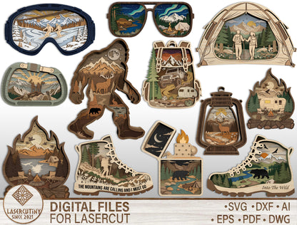 Adventure Multilayer Laser Cut File Bundle for Glowforge xTool LightBurn Camping Hiking SVG 14 Designs
